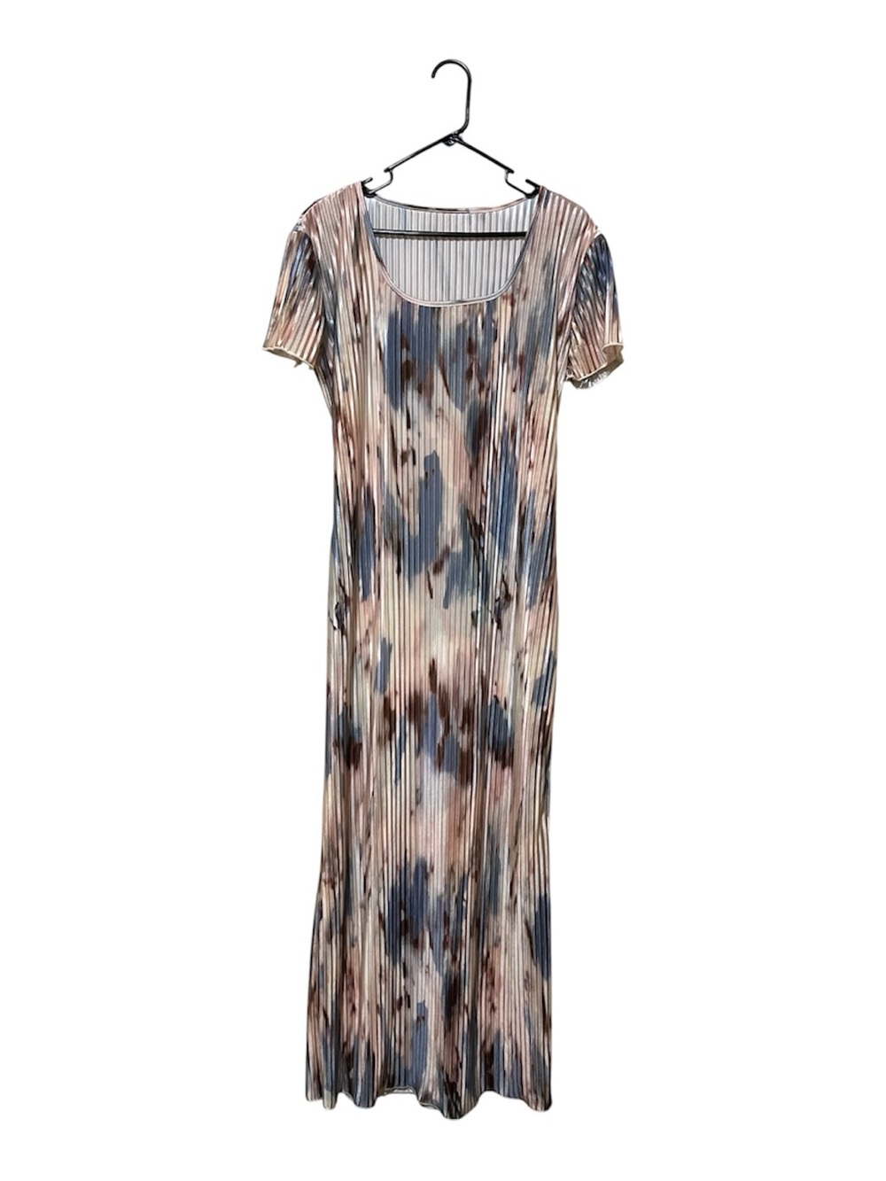 SHEIN Pleated Scoop Neck Maxi Dress in Blue & Tan Print